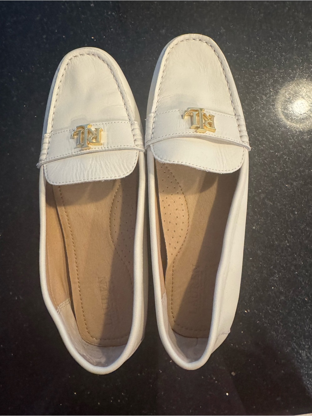 Polo by Ralph Lauren White Leather Loafers with Gold RL Accent Sz 8 - like new